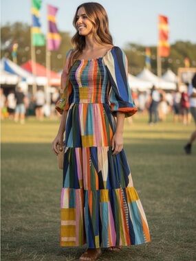 Karlie Colorful Patchwork Print,Tie Back, Off-Shoulder, Dress, Size M